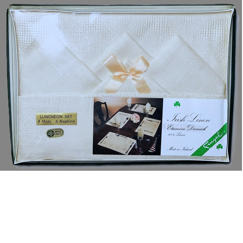 Pure Irish Linen Etamine Damask 4 Placemats / 4 Napkins Mushroom Beige Color NOS